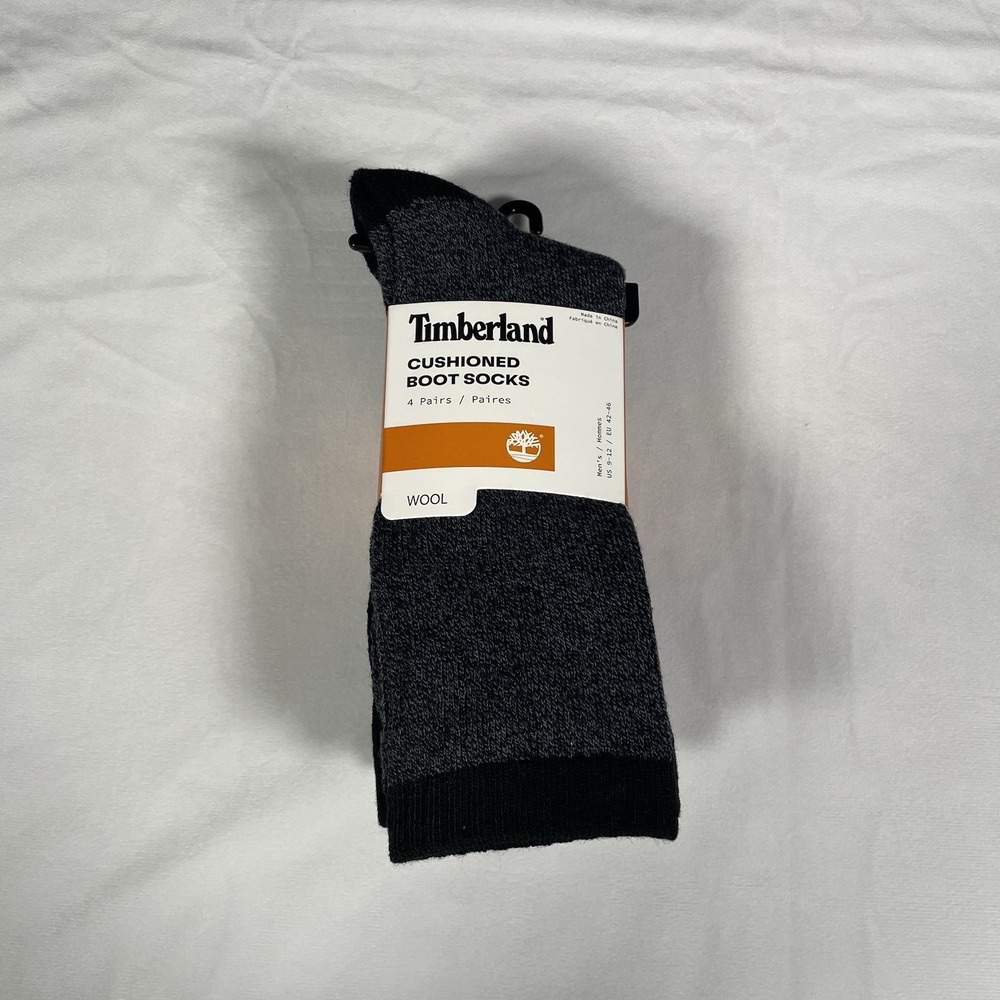 Timberland Mens Cushioned Boot Socks 4 Pairs Wool Blend Grey Black OSFM